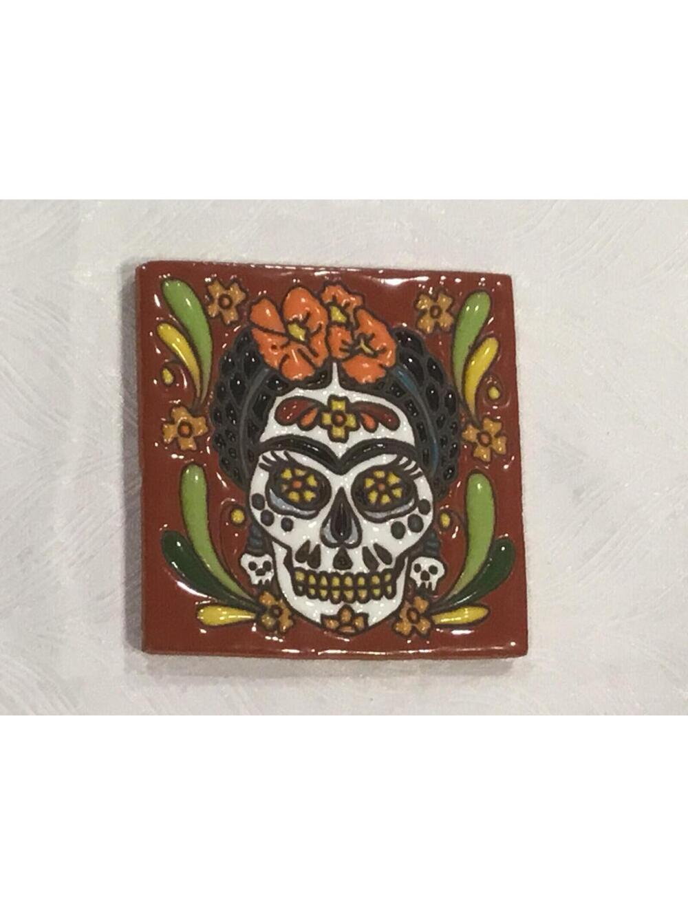 Dia Del Los Muertos Terracotta Art Tile Drink Coaster Sugar Skull Lady's Face
